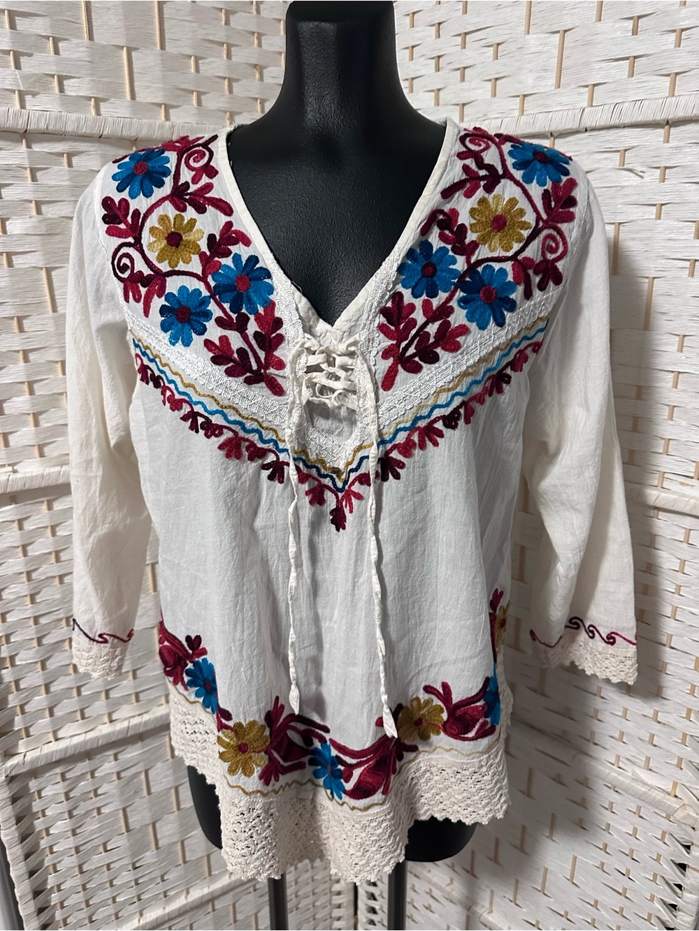 Boho Embroidered V-Neck Peasant Top - White with Blue & Burgundy Floral